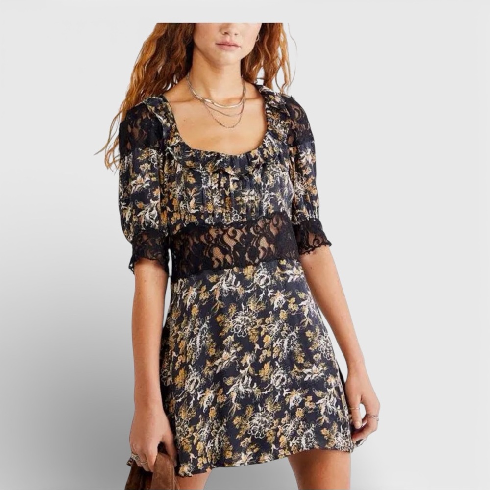 Free People Lucie Mini Dress Black and Brown lace details size 8